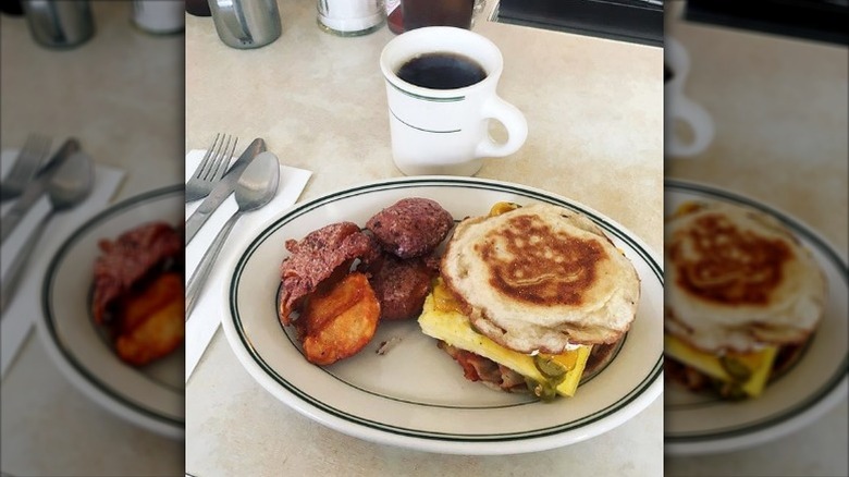 breakfast sandwich and coffee at the Palace Diner