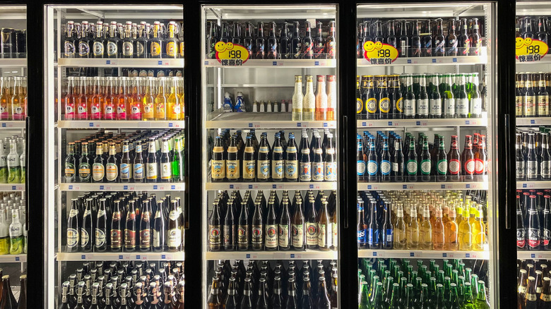 many beers in store refrigerator