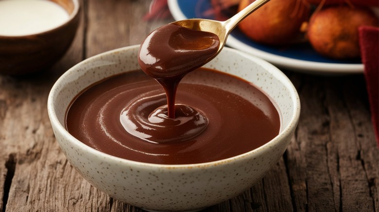 Chocolate sauce dripping off spoon into bowl