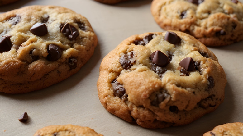 Freshly baked chocolate chip cookies resting on a countertop