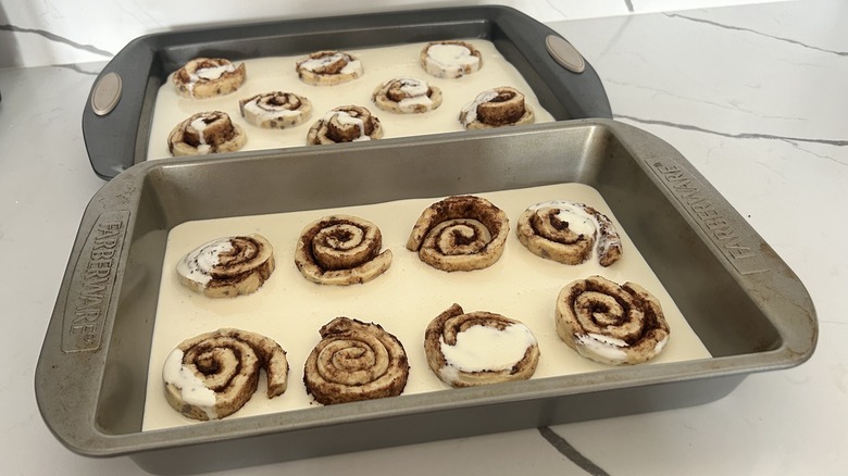 cinnamon rolls soaking in heavy whipping cream