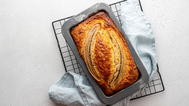 A loaf of banana bread in the pan