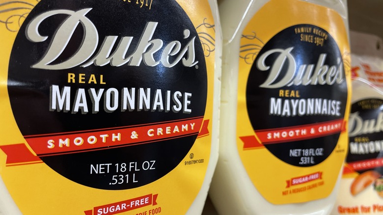 Duke's Mayonnaise bottles on a shelf