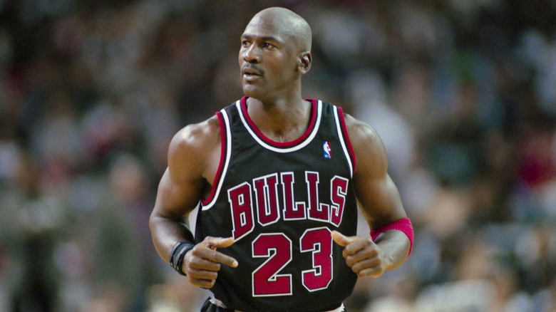 Hall of Fame player, Michael Jordan is seen in a Chicago Bulls uniform