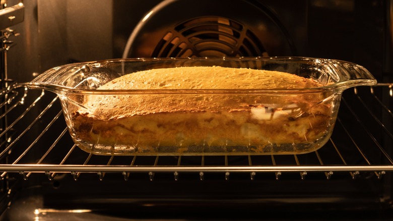 Cottage cheese casserole in a glass pan