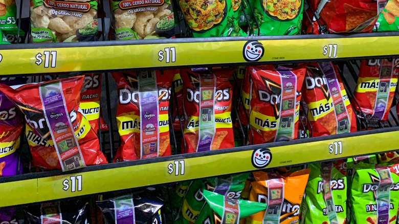 Bags of Doritos on grocery store shelves that prominently feature the Sabritas logo