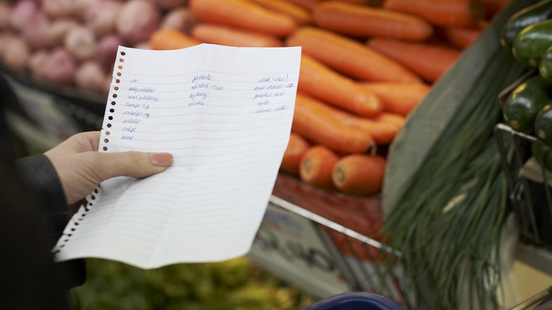 woman holding grocery list