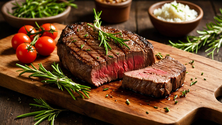 Grilled steak on a wooden board