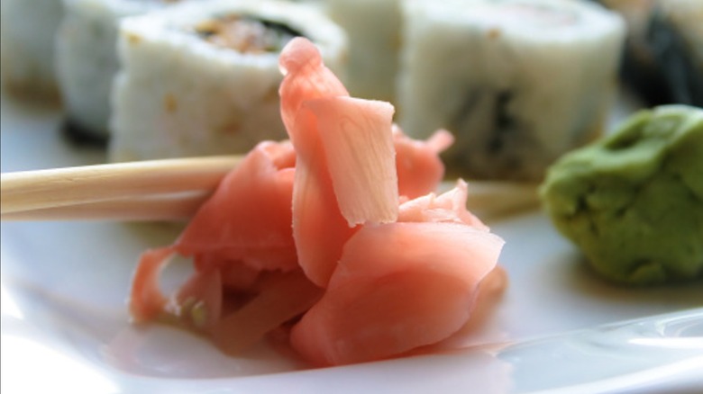 Close up of pickled ginger on sushi tray