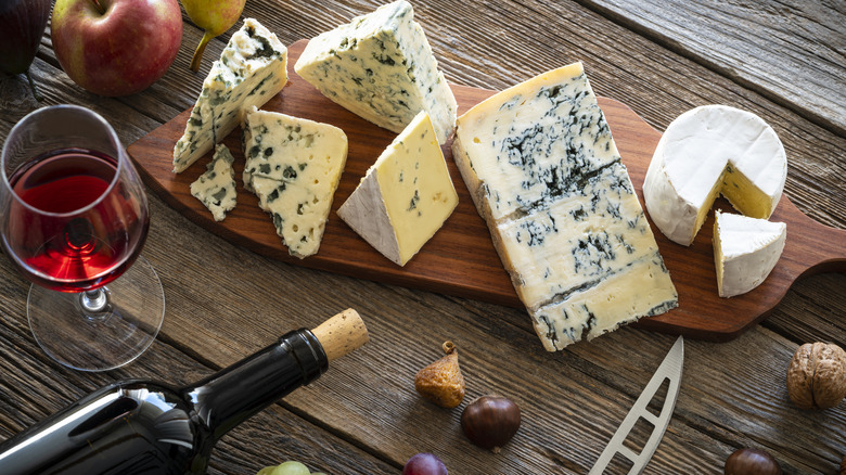 Board with various blue cheeses