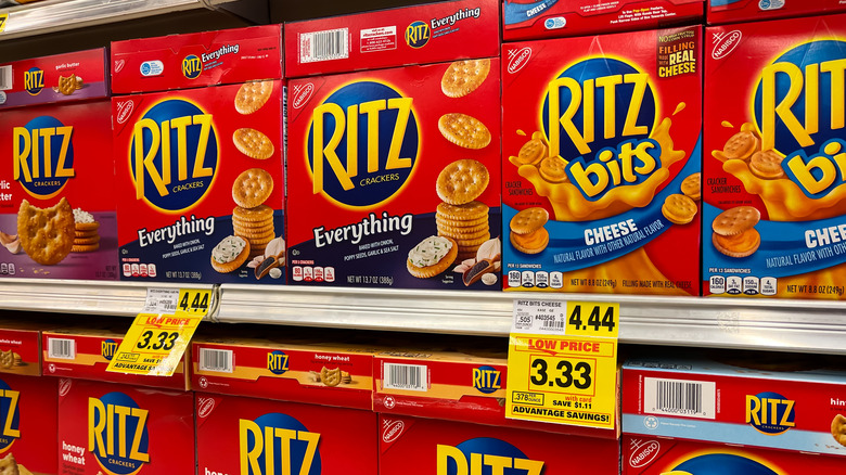 Assorted Ritz cracker snacks on supermarket shelf