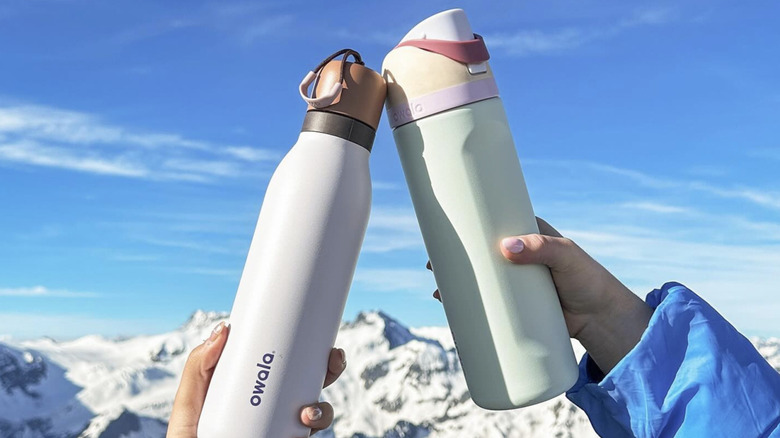 Owala tumblers in front of a snowy mountain and blue sky