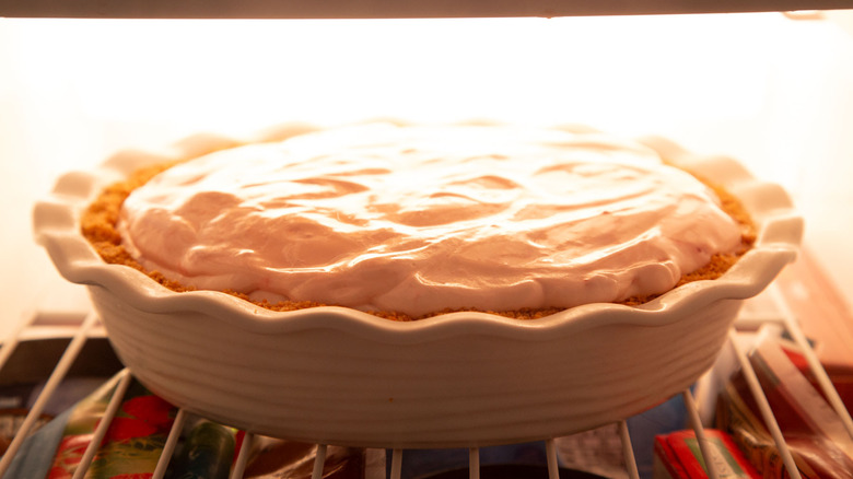 whole strawberry lemonade pie in the freezer