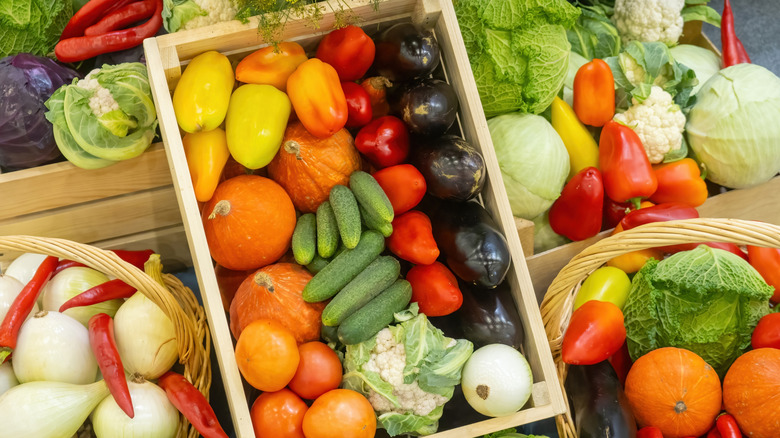 Bins of vegetables sold at the market