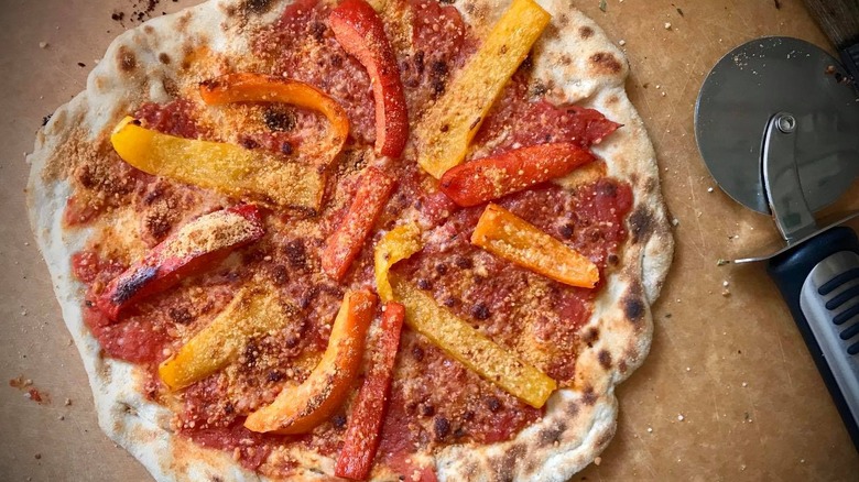 A Brier Hill-style pizza topped with sliced bell peppers