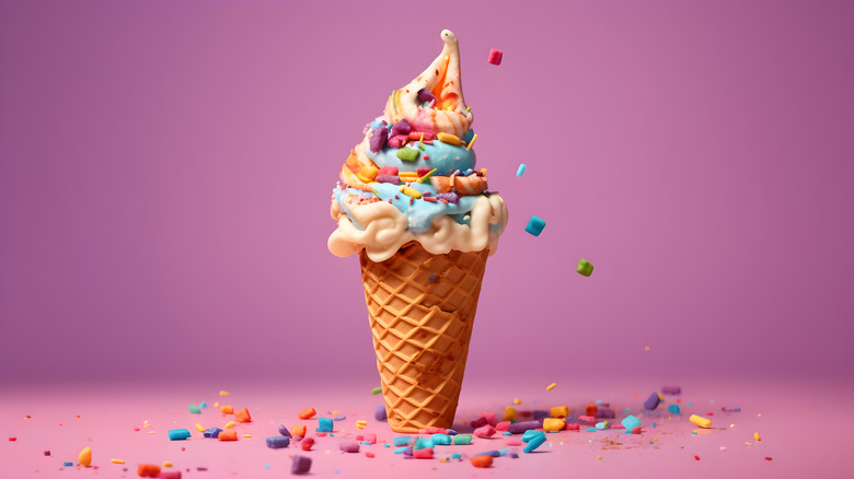 ice cream cone with sprinkles on magenta background