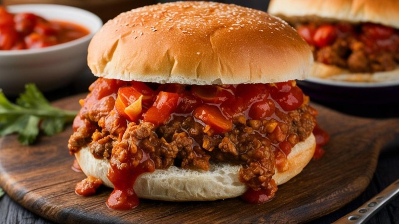 Sloppy Joe sandwich on bun spilling out the sides