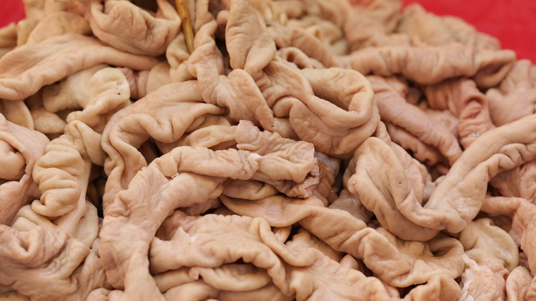 A stack of pig intestines, known as chitterlings or chitlins