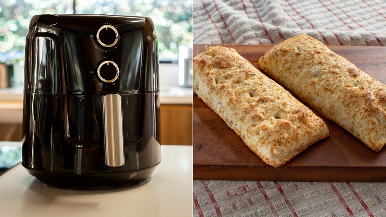 Left: A Black air fryer on a kitchen counter. Right: Two unwrapped Hot Pockets on a wooden surface