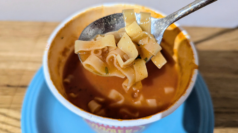 Totino's pizza ramen on spoon