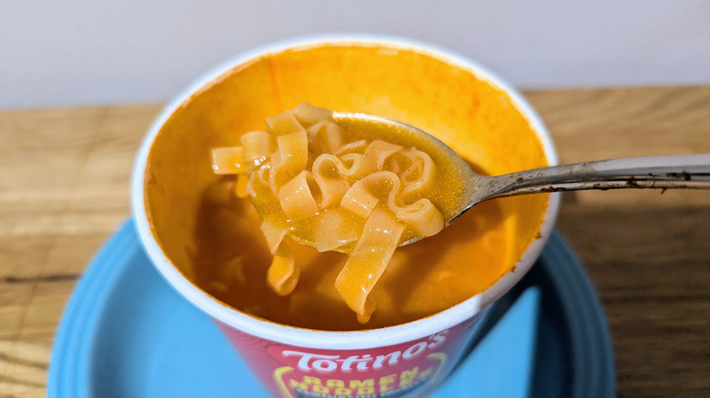 Totino's buffalo ramen on spoon