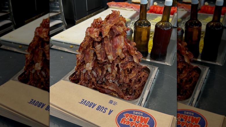 Jersey Mike's bacon piled high in metal bin