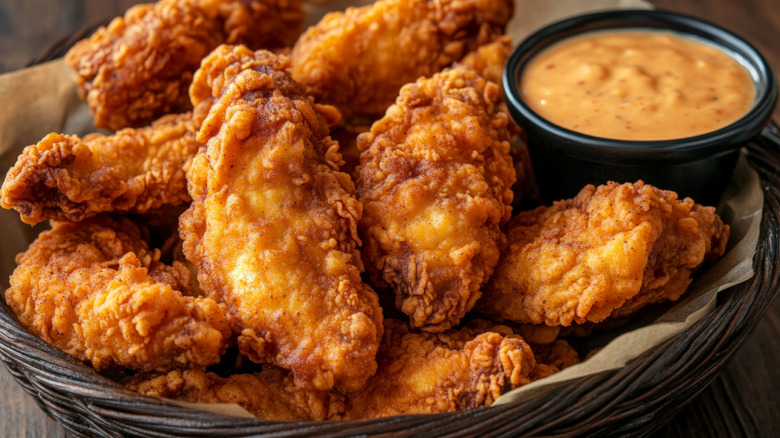 A basket of fresh, crispy chicken fingers