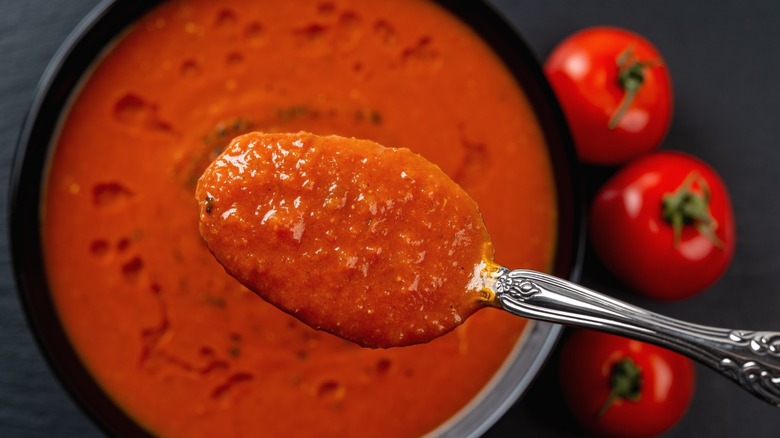 A close-up of thick tomato soup in a spoon over a bowl.