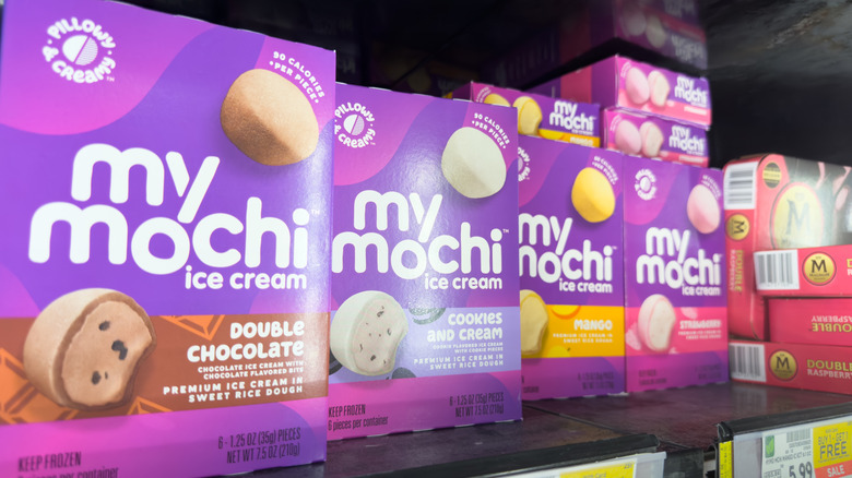 Different flavors of My Mochi are shown on a store shelf