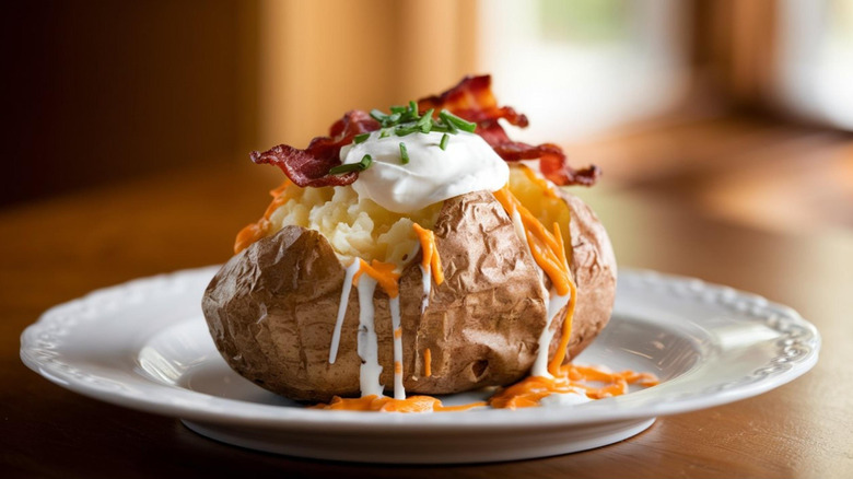 Baked potato with sour cream and bacon on white plate