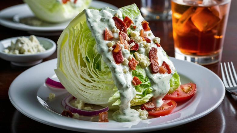 Wedge salad with creamy dressing on white plate