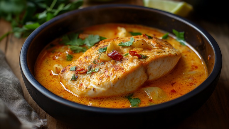 A filet of poached fish with herbs and a rich broth