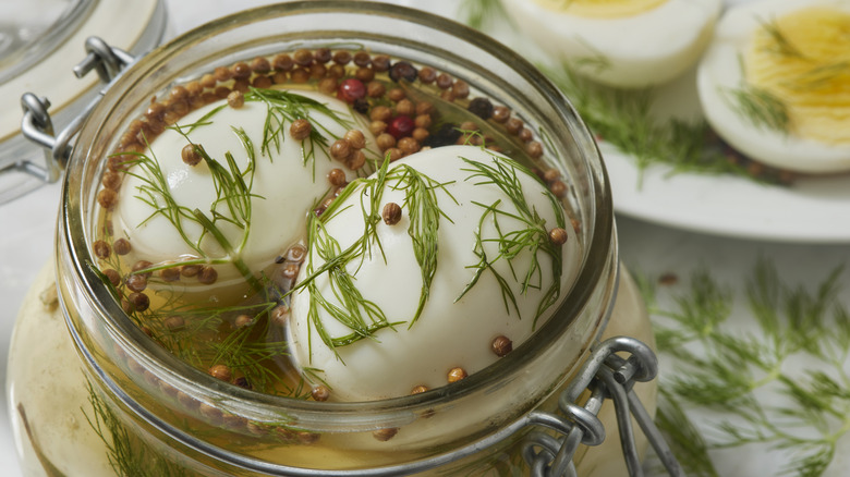 pickled eggs in glass jar