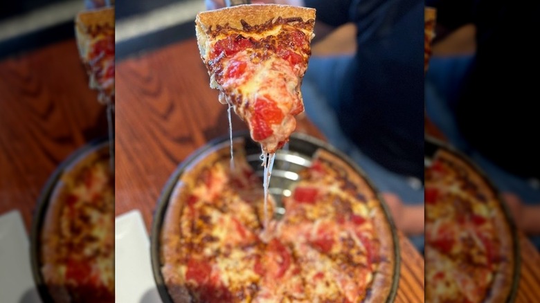 A slice of deep-dish pizza