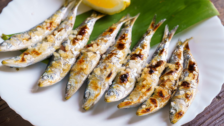 Cooked sardines on plate