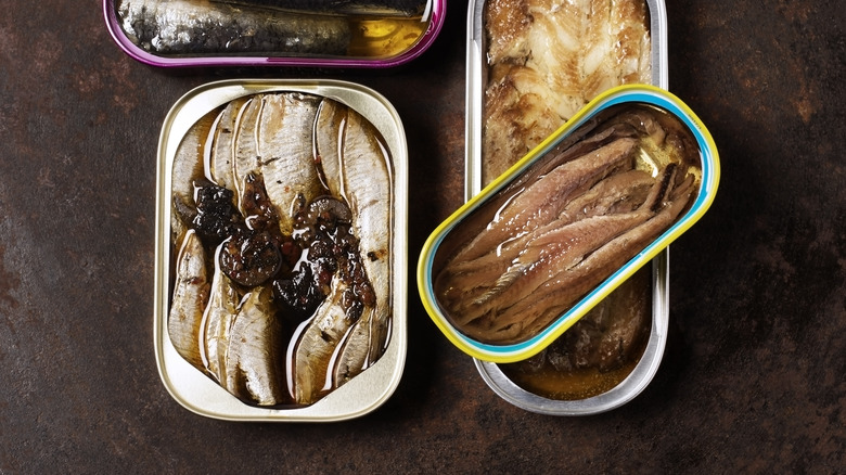 Canned anchovies and sardines on a dark metal surface