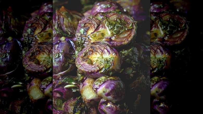 Roasted purple Brussels sprouts with chimichurri sauce