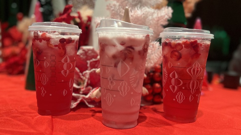 The three Starbucks' Cran-Merry drinks on a table