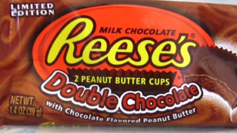 Reese's Double Chocolate candy wrapper is shown.