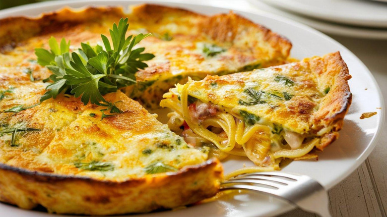 Plate of sliced fritatta de pasta