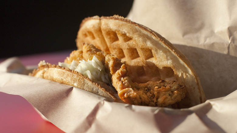 Bruxie's chicken and waffle sandwich