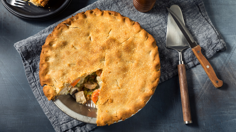 Chicken pot pie with slice cut out