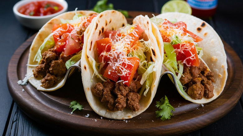 Three beef tacos on a wooden plate