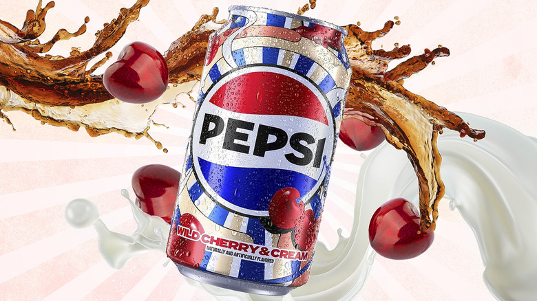 WIid Cherry and Cream Pepsi can with splash of soda with cherries