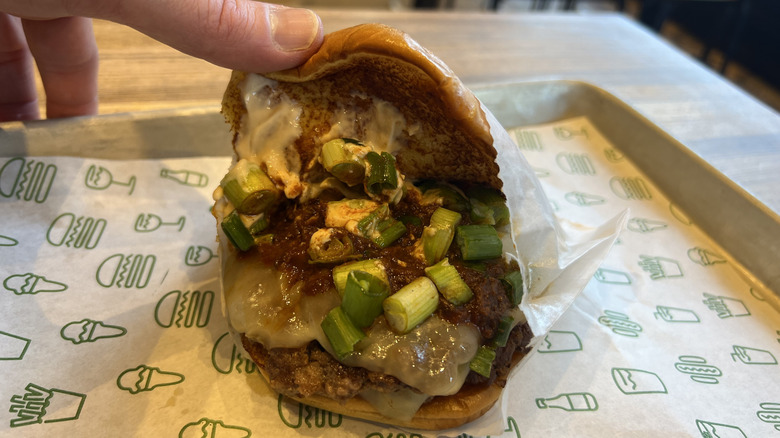 Interior of a Shake Shack Smoked Brisket Chili Burger