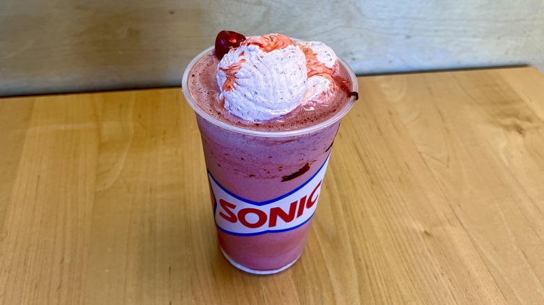 Sonic's Red Velvet Cake Batter Shake in a cup