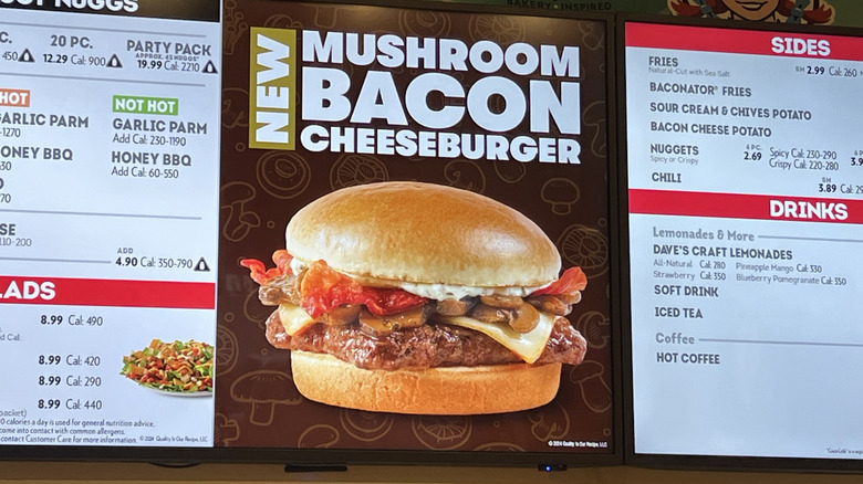 Wendy's menu screen featuring Mushroom Bacon Cheeseburger