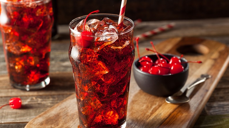 Roy Rogers soda next to bowl of cherries