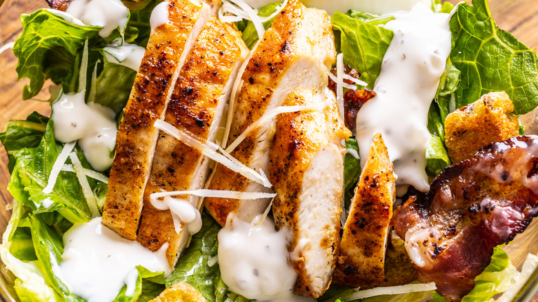 Close-up of chicken Caesar salad