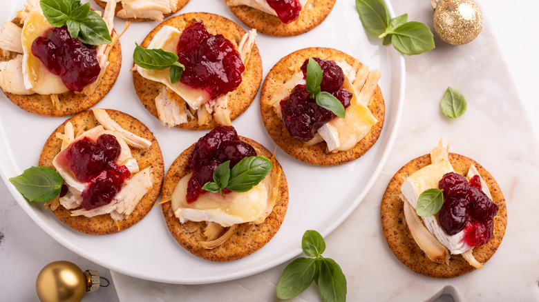 savory s'more with brie, turkey, cranberries, and basil on crackers